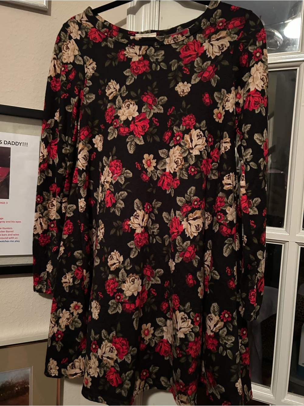 Pinc Black Floral Midi Dress with Red and Cream Roses